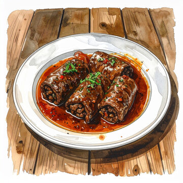 Hand-drawn watercolor sketch of beef braciole, Italian stuffed beef rolls simmered in sauce, expressive ink outlines, rustic wooden table background, classic cookbook illustration style.