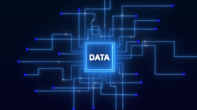 Central square with the word DATA and network lines. Technical central square with the word DATA for server database logs. Tech central square with the word DATA.