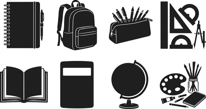 Back to school education icon set featuring backpack spiral notebook pencil case geometry tools open book globe and art supplies
