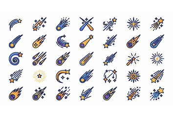 Colorful Shooting Star Comet Meteor Fireball Sparkle Starburst Space Icon Vector Collection Set © MdShagarAli