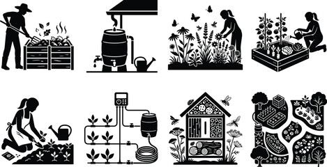 Sustainable gardening and permaculture icon set featuring compost bin rainwater harvesting pollinator garden insect hotel and drip irrigation silhouettes © Rahen