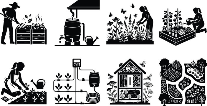 Sustainable gardening and permaculture icon set featuring compost bin rainwater harvesting pollinator garden insect hotel and drip irrigation silhouettes