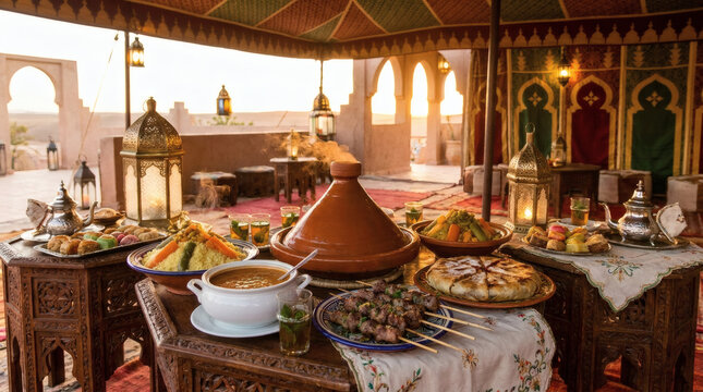 Traditional Moroccan food and cuisine display.