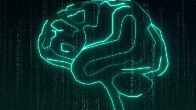 Glowing cyan outline of human brain against digital matrix. Intellectual glowing cyan outline of human brain for machine computing banners. Tech glowing cyan brain.