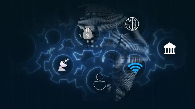 Globe with interconnected icons for global business networks. Global globe with interconnected icons for commercial data tracking. Professional globe with icons.