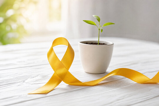 Fita amarela do Setembro Amarelo ao lado de broto de planta simbolizando esperan&ccedil;a e renova&ccedil;&atilde;o da vida.
