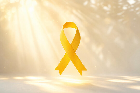 Yellow ribbon floating in ethereal golden light symbolizing peace and mental health awareness.