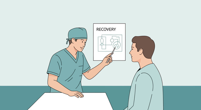 Doctor explains recovery plan to patient in hospital room illustration
