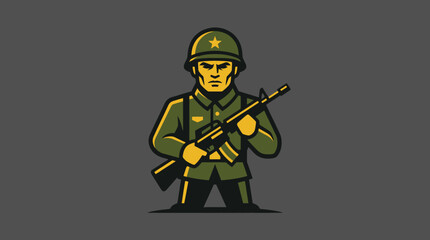 A brave soldier stands holding a rifle in a flat vector style © berdik
