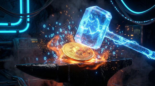 The Digital Blacksmith: Futuristic Quantum Laser Forge Creating Cryptocurrency Gold Coin with Binary Code Sparks