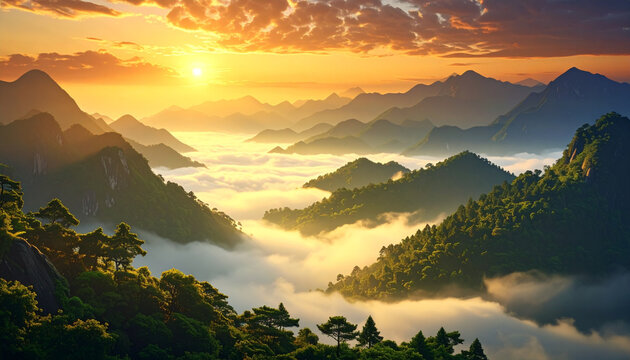 Sunrise and Sunset Over Mountain Landscape with Clouds, Mist, Forest Valley, and Panorama Horizon, Sky, Sun, Dawn, Dusk