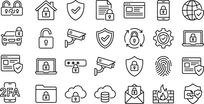 Cybersecurity and data protection icons vector illustration with padlocks, shields, authentication, and privacy design