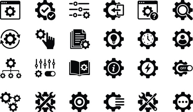 Settings and gear icons vector illustration with system functions, customization, tools, and configuration design