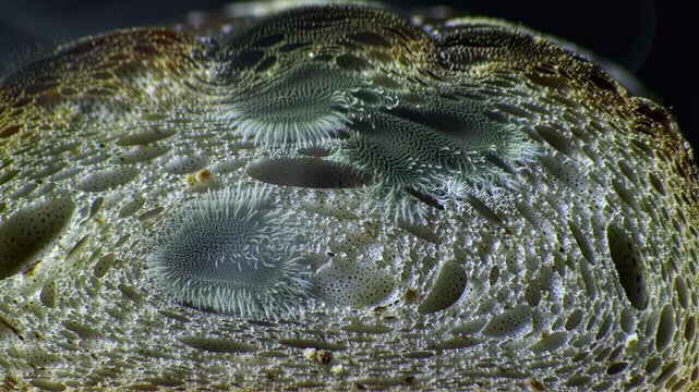 Macro view of bread with fuzzy mold colonies