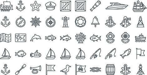 Nautical Maritime Navigation and Sea Travel Line Icon Set with Ships Anchors Sailboats Lighthouses Fishing Gear and Marine Life Symbols © SUMON STUDIO
