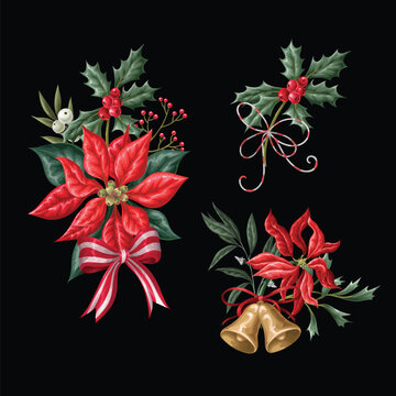 Christmas Flowers Elements Collection with Poinsettia Holly Botanical Ribbons Bells Festive Arrangement Design