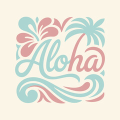 Tropical aloha lettering with palm tree and hibiscus flower © care