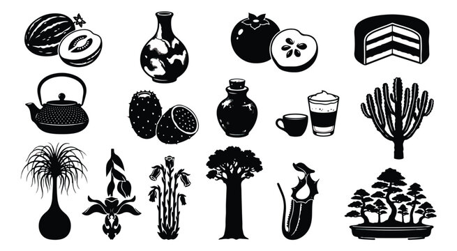 Vintage black and white botanical icons, 15 hand drawn nature elements vector set, organic food and exotic plant silhouettes for branding