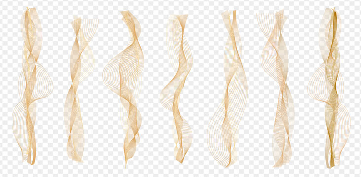 Vector music sound waves set. Audio digital equalizer technology, console panel, pulse musical. Thin line curve background. Outline gold lines.