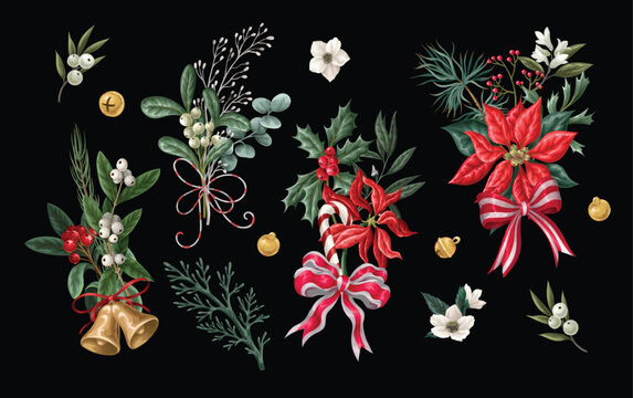 Christmas Flowers Elements Collection with Poinsettia Holly Botanical Ribbons Bells Festive Arrangement Design