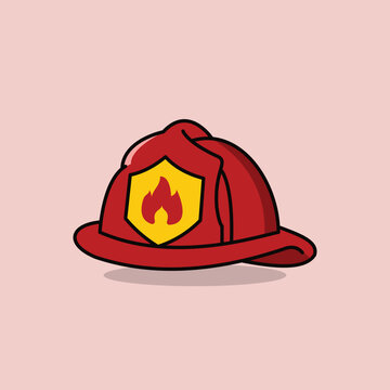 Cute cartoon red firefighter helmet icon with flame emblem vector illustration isolated on pink background for fire safety design
