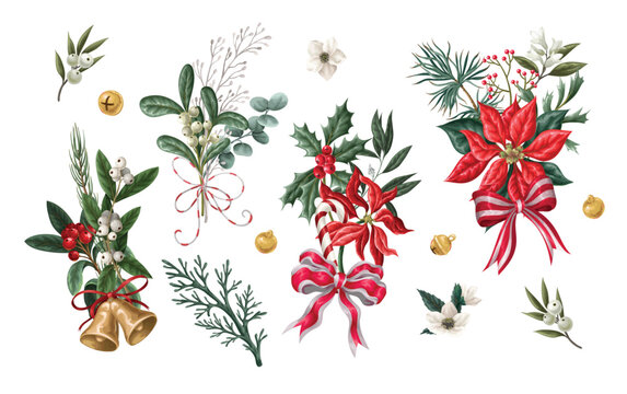 Christmas Flowers Elements Collection with Poinsettia Holly Botanical Ribbons Bells Festive Arrangement Design