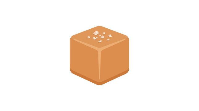 A single salted caramel cube candy on a white background