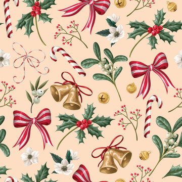 Christmas Flowers Seamless Pattern with Poinsettia Holly Botanical Bells Ribbons Festive Background Design