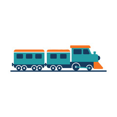 A colorful toy train engine pulls two passenger cars © darto