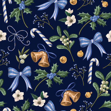 Christmas Flowers Seamless Pattern with Poinsettia Holly Botanical Bells Ribbons Festive Background Design