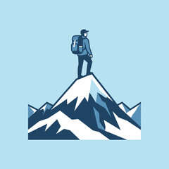 A hiker stands on a snowy mountain peak under a blue sky © dafe