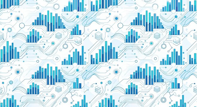 Abstract big data flow chart seamless pattern with blue isometric bar graphs and network circuit connections background