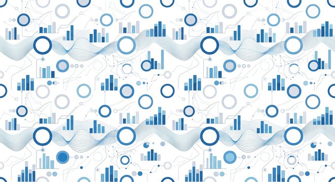 Minimalist abstract business data visualization seamless pattern with financial charts graphs and digital wave lines background