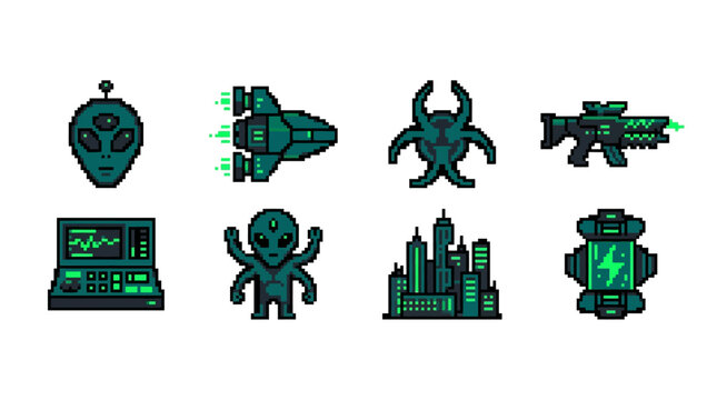 Pixel art icons of alien life and futuristic space technology