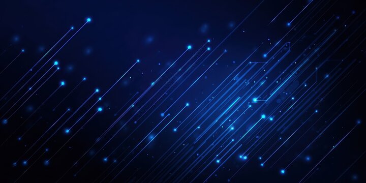 Abstract futuristic dark blue technology background with glowing diagonal light streaks data lines and digital particle effects

