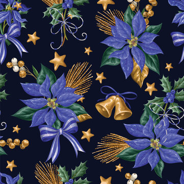 Christmas Flowers Seamless Pattern with Poinsettia Holly Botanical Bells Ribbons Festive Background Design