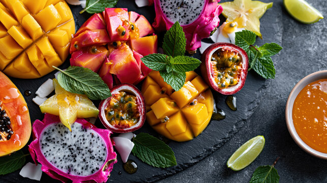 Vibrant tropical fruit platter with mango dragonfruit and passionfruit garnished with fresh mint leaves