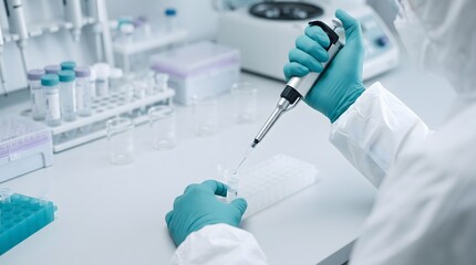 Fototapeta premium Professional laboratory researcher using a micropipette to transfer liquid samples into sterile tubes for clinical medical science technology abstract concept