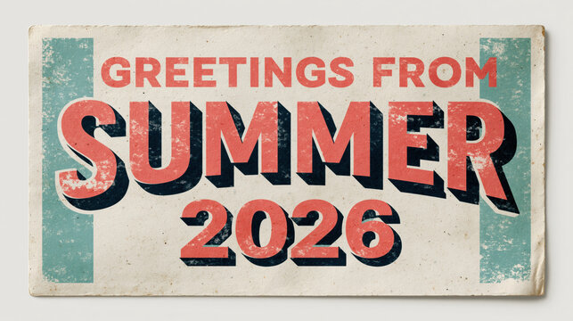 Retro summer postcard featuring striking typography designed for the 2026 festive celebration