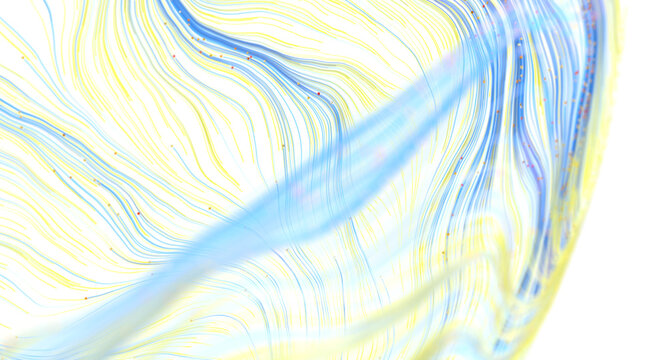 Abstract background with flowing lines and small particles in blue and yellow.