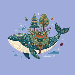 Fototapeta premium A decorative whale carries a forest on its back in nature