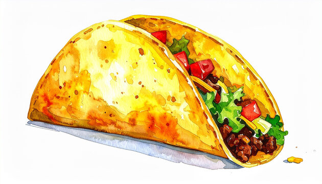 Watercolor painting of taco. Tasty fast food. Delicious snack. Hand drawn art isolated on white backdrop.