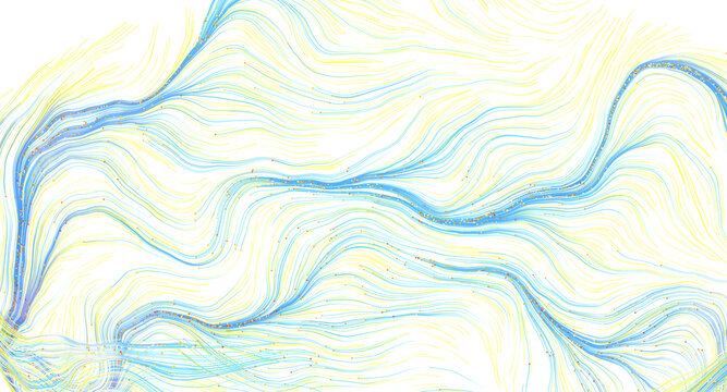 Bright abstract background with swirling blue and yellow lines and tiny particles