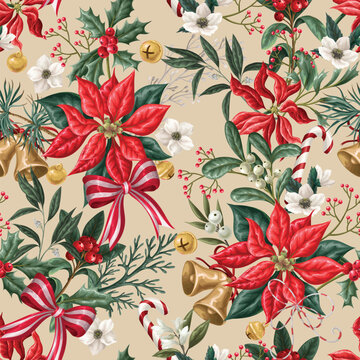 Christmas Flowers Seamless Pattern with Poinsettia Holly Botanical Bells Ribbons Festive Background Design