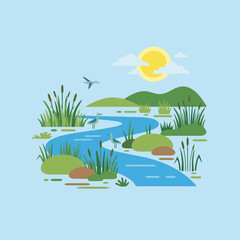 Obraz premium A peaceful river flows through a green marshland