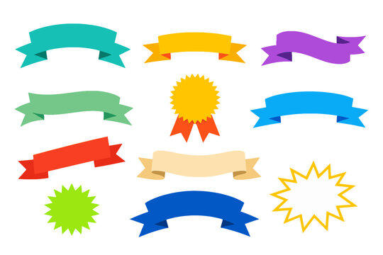 Colorful ribbon banners and starburst badges set