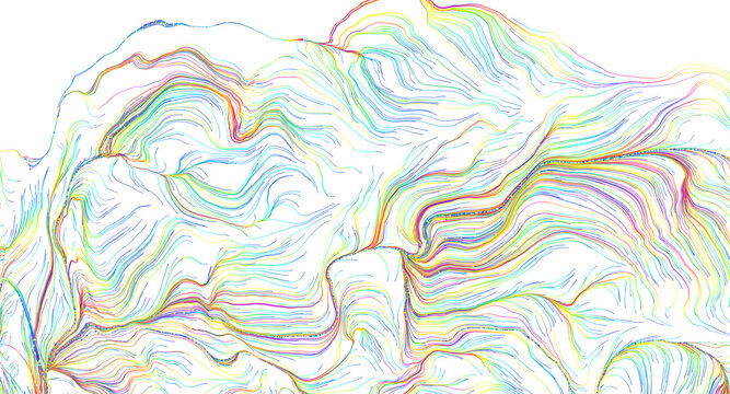 Dynamic flowing lines in vibrant rainbow colors create an abstract organic pattern with depth.