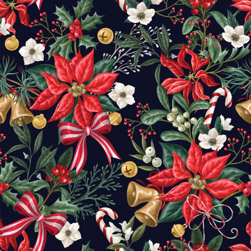 Christmas Flowers Seamless Pattern with Poinsettia Holly Botanical Bells Ribbons Festive Background Design