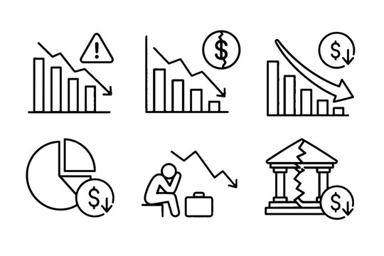 Financial decline and banking crisis line icon set