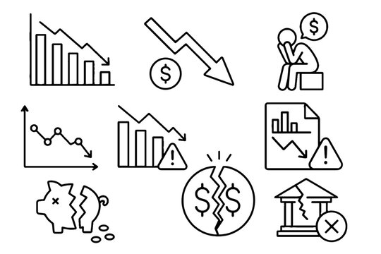 Financial crisis and economic decline outline icon set